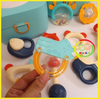 Bộ Đồ Chơi Xúc Xắc Cho Bé Sơ Sinh Lục Lạc Gặm Nướu Hộp Gấu Cao Cấp 10 Món XX11