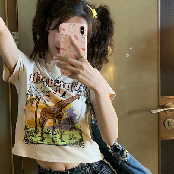 SUXI Áo Thun Tay Ngắn Cổ Tròn Dáng Ôm In Họa Tiết Vintage Thời Trang Mùa Hè Cho Nữ