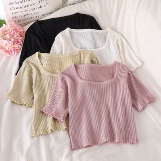Áo len mông cộc tay cổ vuông đơn giản
