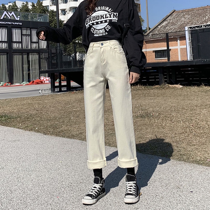 Quần jeans nữ ống rộng lưng cao phong cách Hàn Quốc