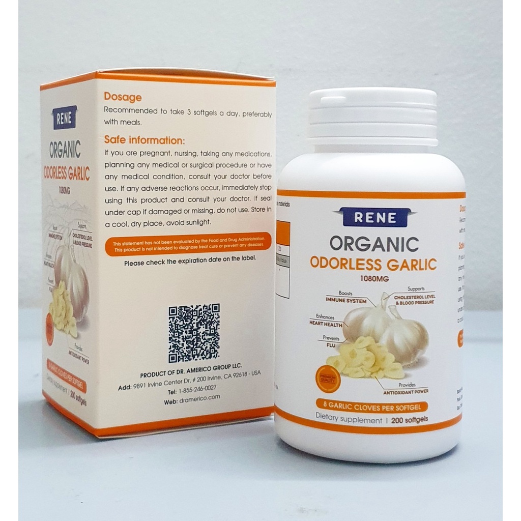 Tinh dầu Tỏi hữu cơ khử mùi RENE Organic Odorless Garlic 1080 mg chai 200 viên từ Mỹ USA