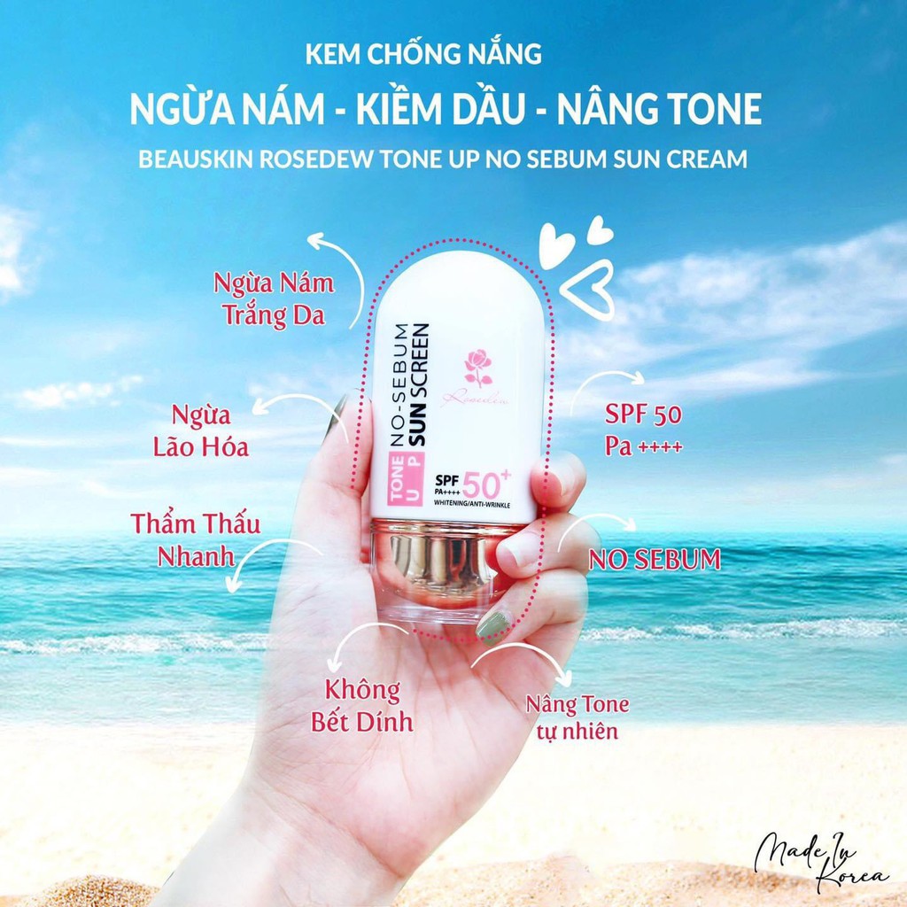 Kem chống nắng kiềm dầu nâng tone Beauskin Rosedew Hàn Quốc 55ml  thẩm thấu nhanh, không gây bết dính