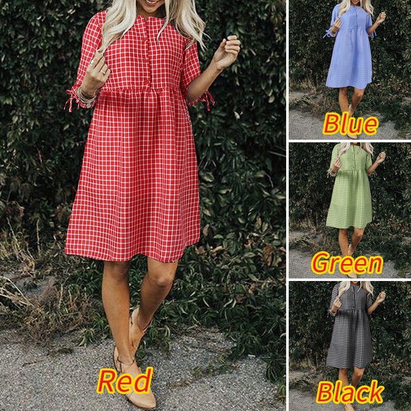 Đầm Midi Zanzea tay lửng họa tiết caro phong cách châu Âu cổ điển thời trang cho nữ