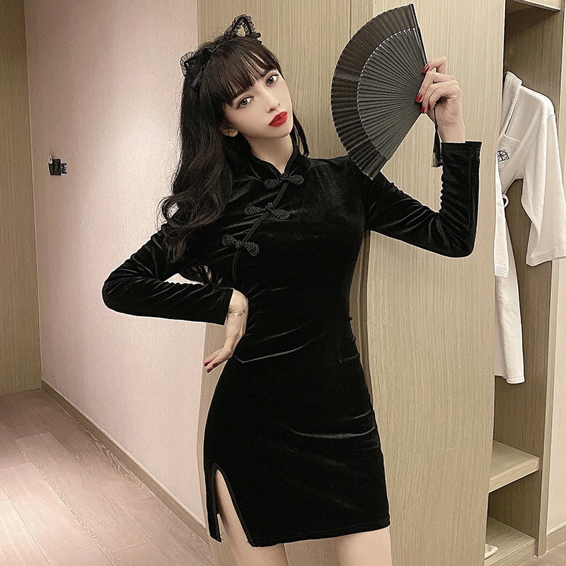 Đầm Sườn Xám Cách Tân Tay Dài Dáng Ôm Vải Nhung Đính Nút Phong Cách Trung Hoa Thời Trang Cho Nữ