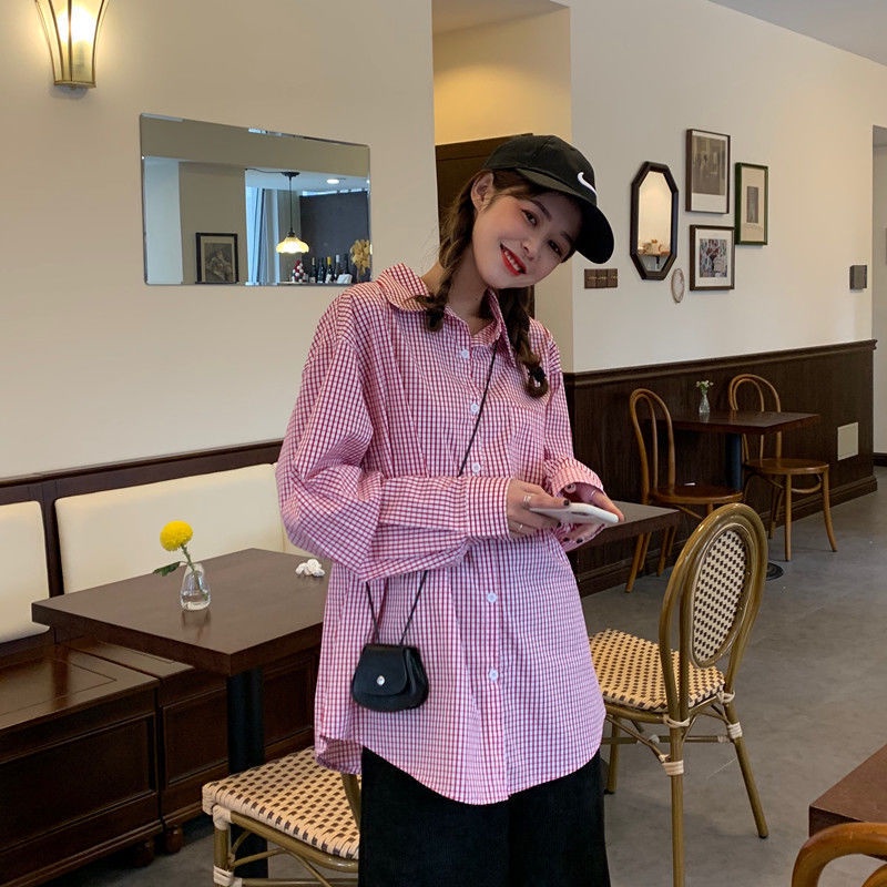 Mới Áo Sơ Mi Tay Dài Dáng Rộng Kẻ Ca-Rô Trẻ Trung Phong Cách Hàn Quốc Cho Bạn Gái