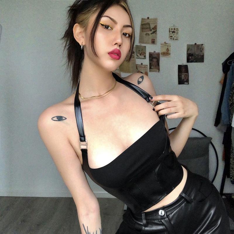 Áo Lửng Không Tay Hở Vai Màu Đen Phong Cách Âu Mỹ Quyến Rũ Cho Nữ