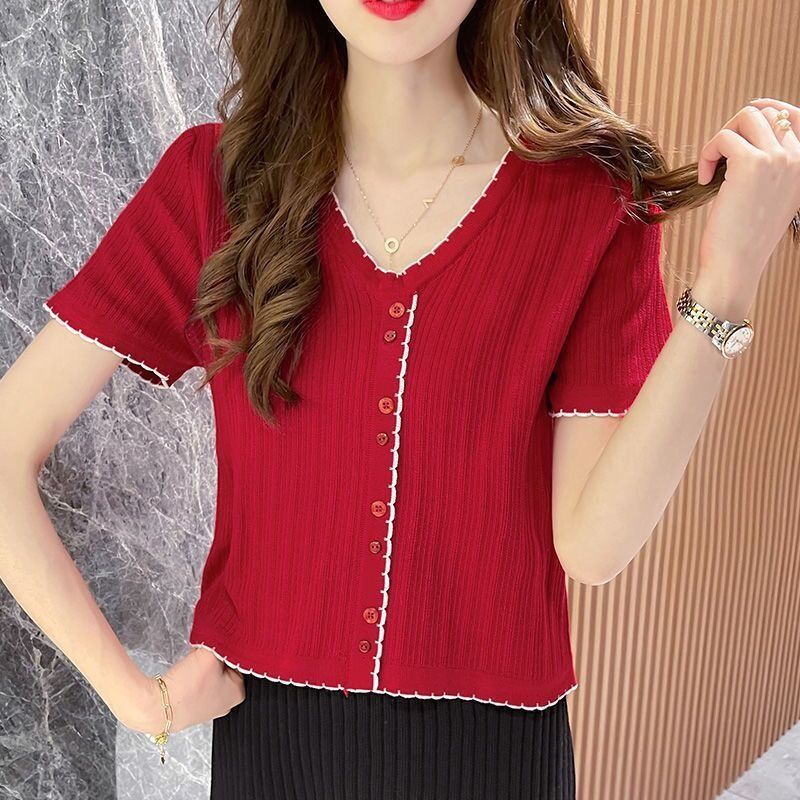 Áo Dệt Kim Tay Ngắn Cổ Chữ v Chất Liệu Lụa Mát Cao Cấp Thời Trang