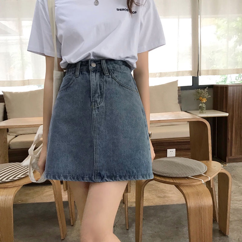 Porozi Chân váy jean lưng cao dáng chữ A phong cách retro Hàn Quốc cao cấp