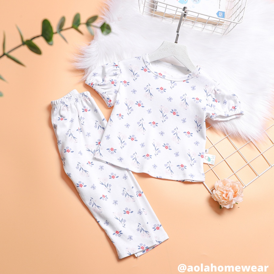 Bộ tay ngắn quần dài bé gái thun cotton mặc ngủ mùa hè áo tay phồng họa tiết hoa nhí thỏ Áo Lá Homewear BCTB22