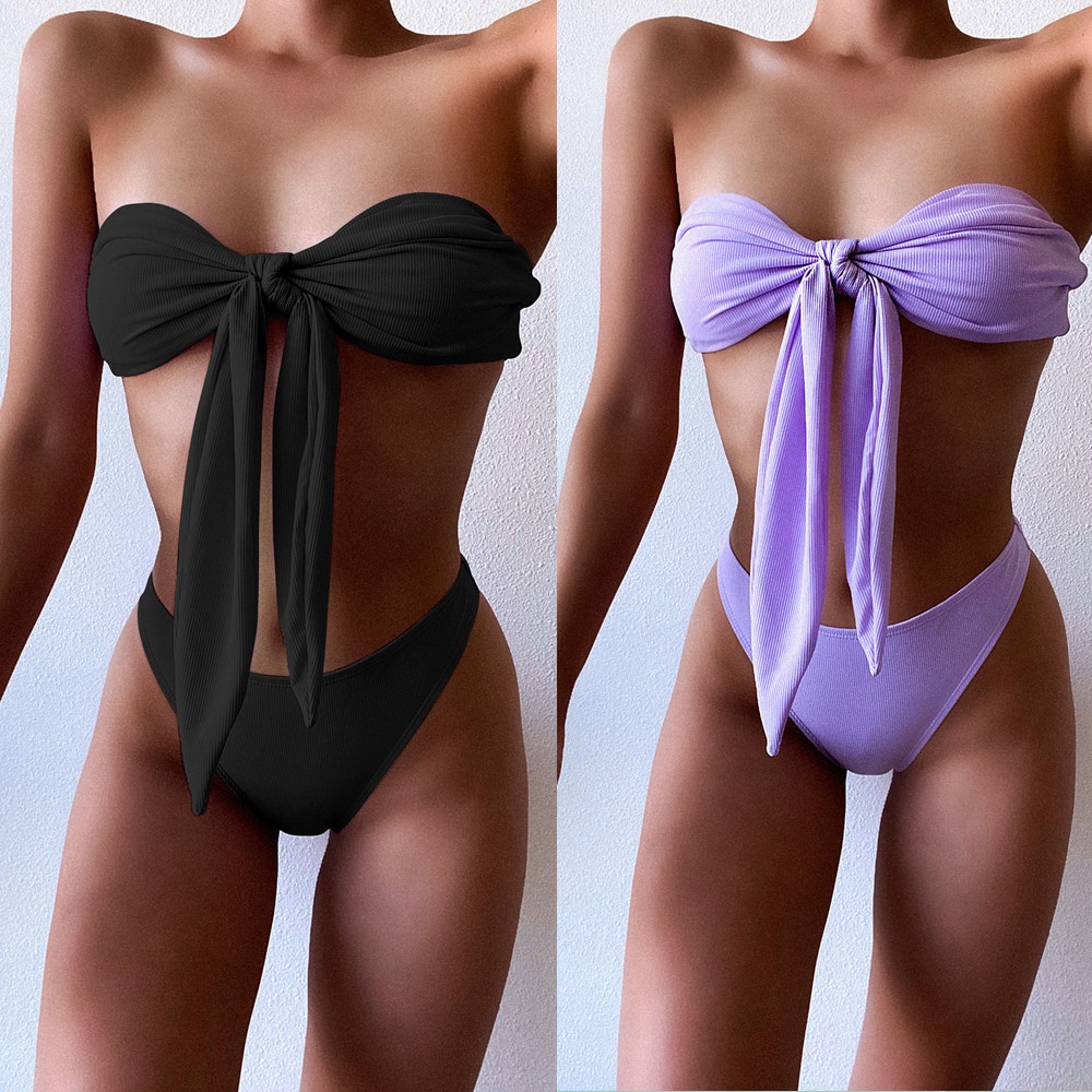 Bộ đồ bơi bikini màu đen và tím có thắt nơ thời trang gợi cảm sành điệu cho nữ | BigBuy360 - bigbuy360.vn