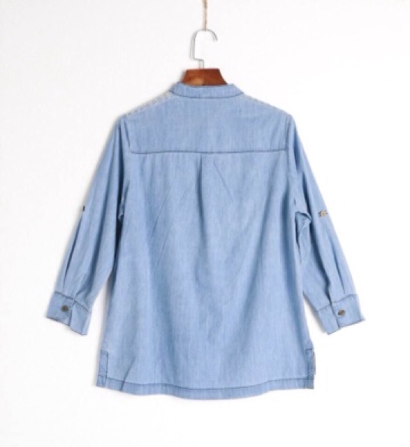 Áo sơmi cổ trụ dáng suông thêu hoạ tiết dư xịn