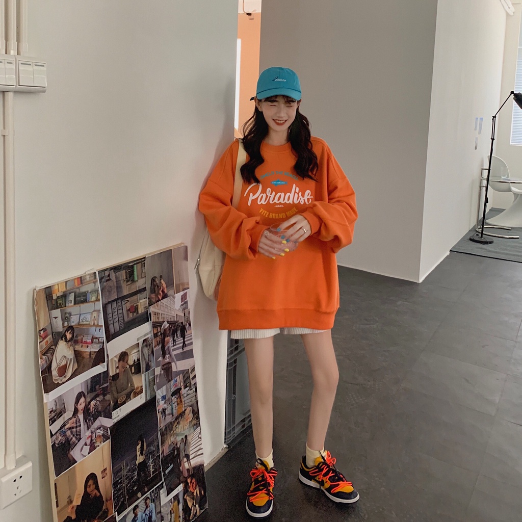 Áo thun tay dài cổ tròn dáng rộng in họa tiết thời trang mùa thu phong cách Hàn Quốc