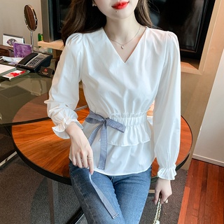 Áo Peplum Tay Dài Cổ Chữ V Phong Cách Hàn Quốc Cho Nữ