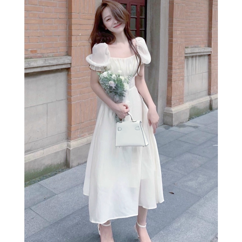 Đầm váy freesize trắng xoè nhúng ngực nơ sau