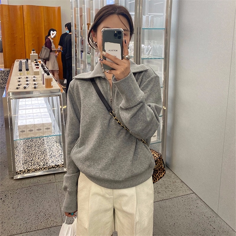 Áo Nỉ Nữ Dài Tay Cổ Bẻ Có Dây Kéo Thêu Hoa Văn Mới