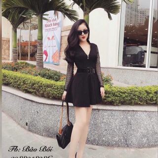 Đầm xòe cổ trụ tay dài phối lưới đơn giản