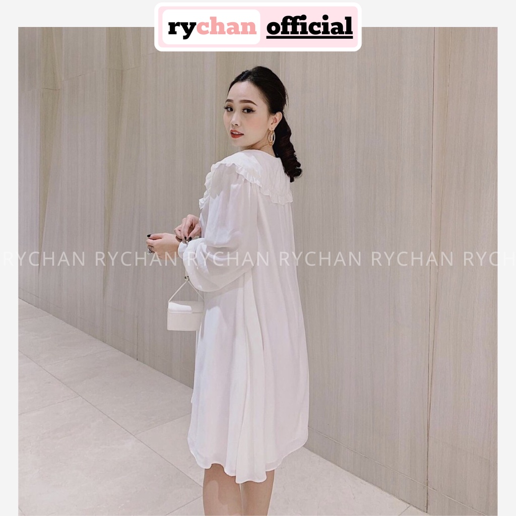 DS399 - Đầm Suông Trắng Tay Dài Nơ Cổ