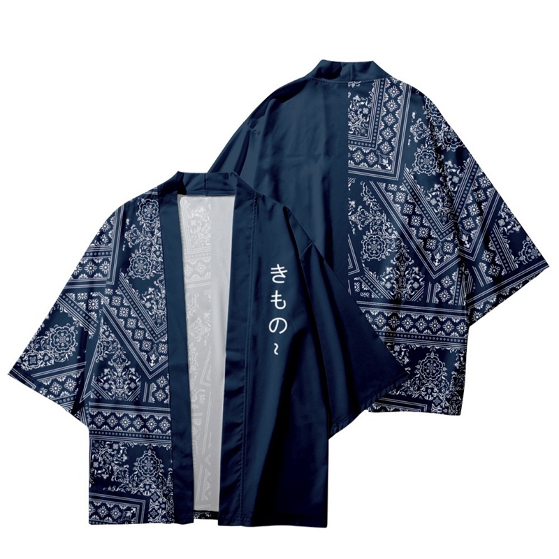 Áo Kimono Yukata Màu Xanh Dương In Hình Hoa Phong Cách Nhật Bản