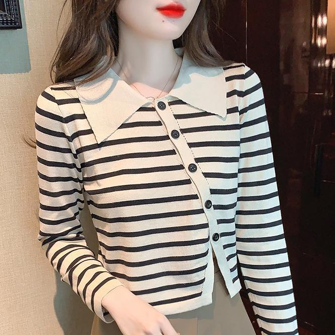 Áo Cardigan Dệt Kim Cổ Polo Họa Tiết Kẻ Sọc Thiết Kế Xẻ Tà Thời Trang Mới Cho Nữ  tao bao