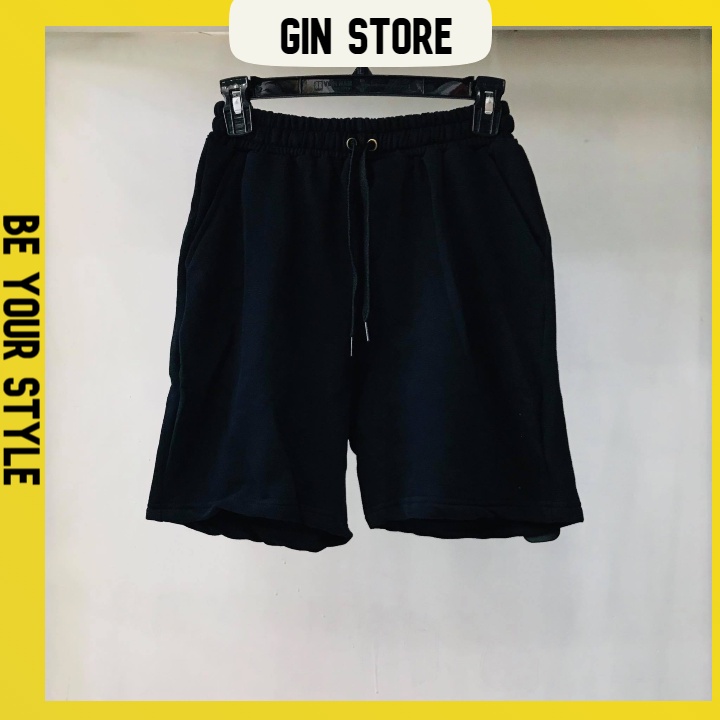 Quần short thun nỉ đen trơn form nam nữ Unisex - GIN STORE