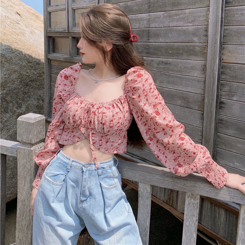 COZOK Áo Voan Hoa Tay Phồng Cổ Vuông Xinh Xắn Dành Cho Nữ