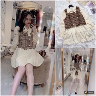 Set váy sơ mi phối áo dạ sang chảnh
