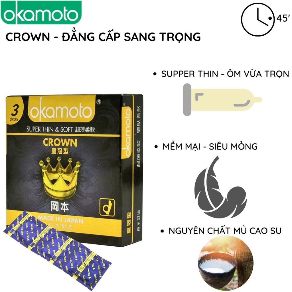 Bao cao su OKAMOTO CROWN cỡ nhỏ3 cái/hộp Siêu mỏng mềm mại trơn kéo dài thời gian 100% cao su Super Thin & Soft Nhật Bản