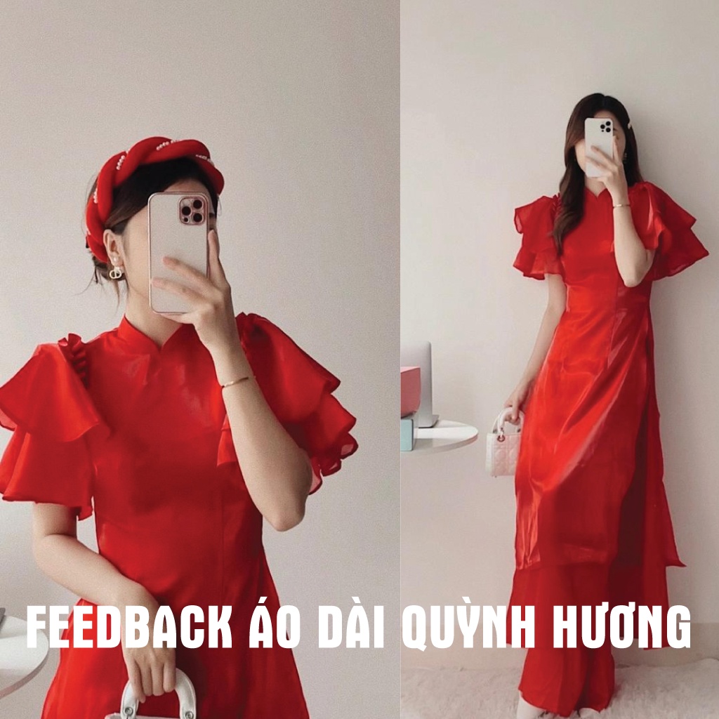 Áo dài cách tân mặc tết tay cánh tiên màu đỏ by Quỳnh Hương