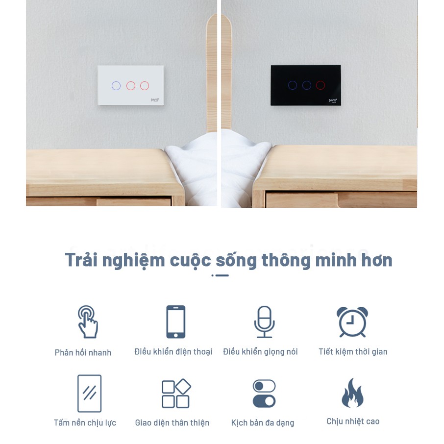 Công tắc cảm ứng thông minh JAVIS 4 Gang- Công tắc WIFI điều khiển qua ứng dụng Javis Home, điều khiển bằng tiếng Việt