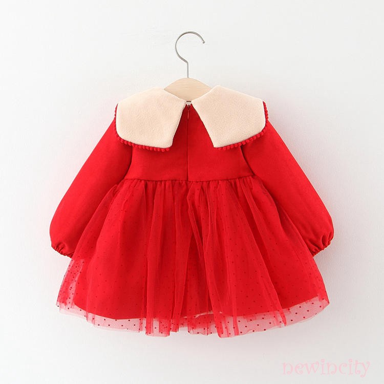 Đầm nhung phối lưới màu đỏ phong cách Hàn Quốc cho bé gái