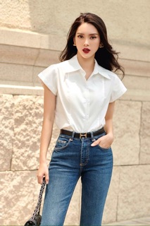 Sơ mi cotton lụa trắng vai chờm -HBSM760