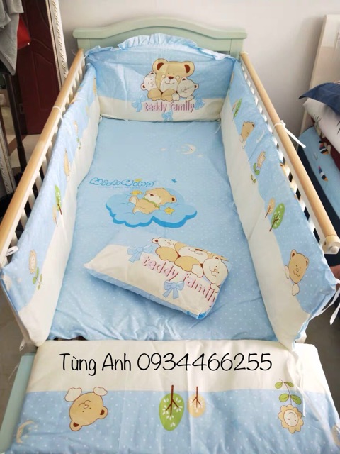 Bộ quây cũi kèm đệm và gối (mẫu gấu xanh Teddy Family 13)