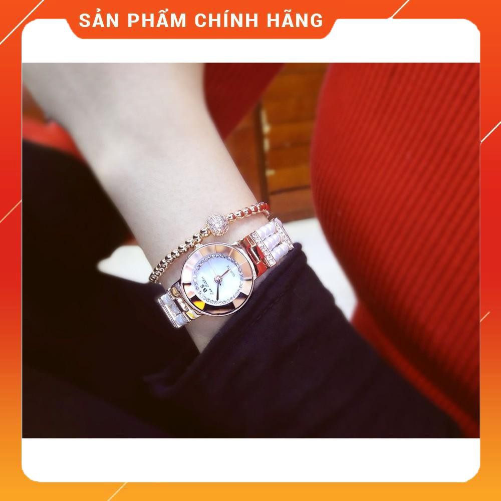 Đồng hồ nữ Bee Sister FA1374 dây hạt ngọc mặt tròn đa giác đính đá