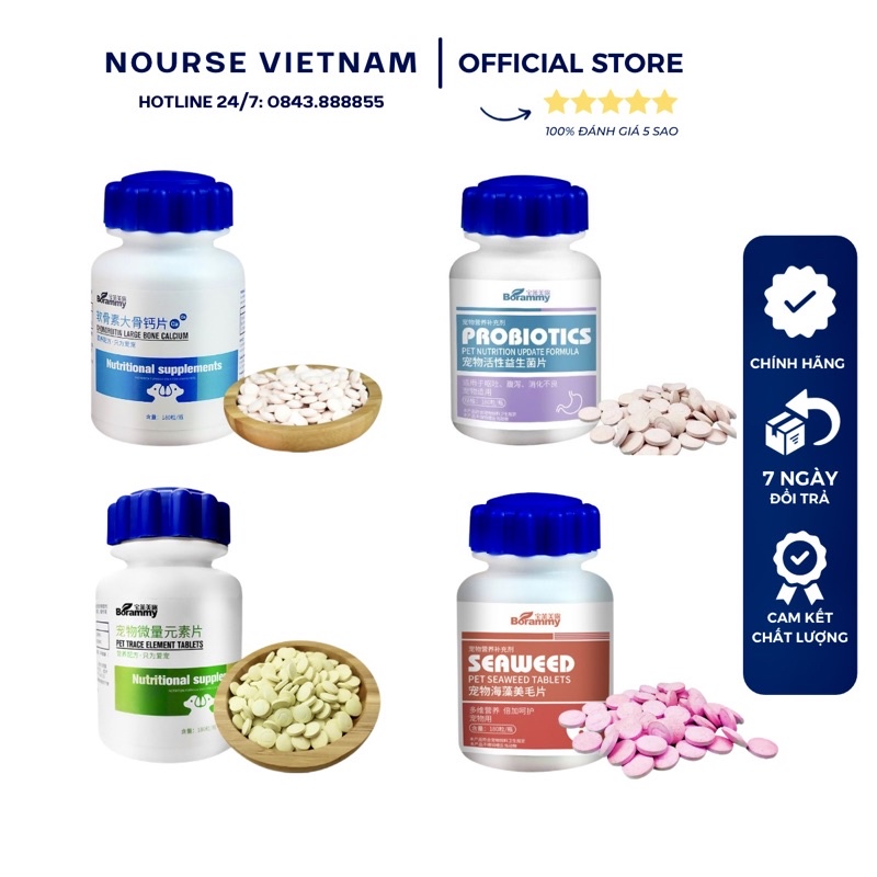 Vitamin cho mèo chó con Borammy cung cấp Canxi Men tiêu hoá Nguyên tố vi lượng Thải độc (180v)