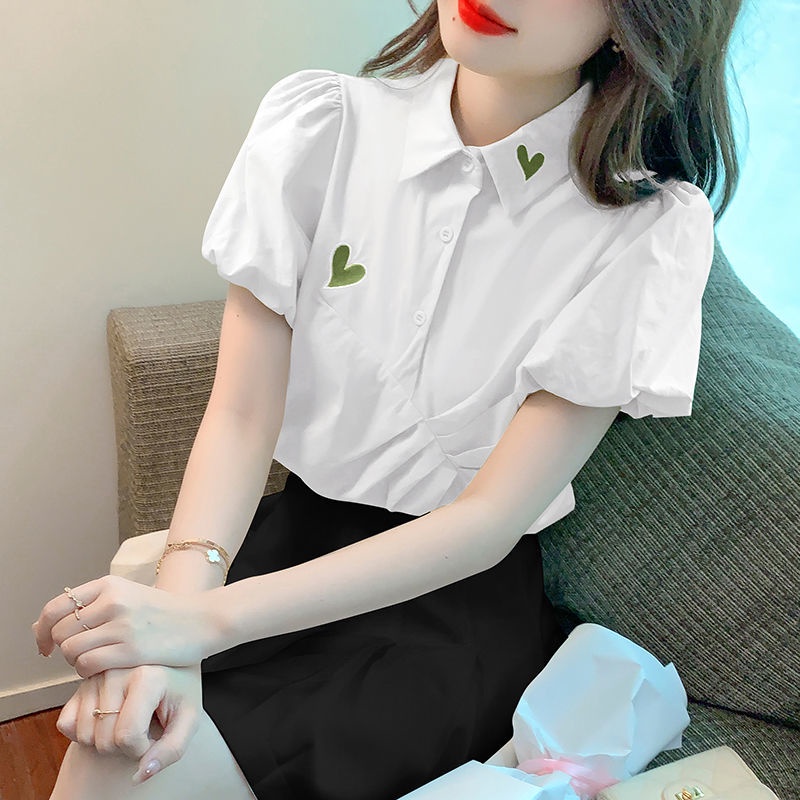 Áo sơ mi Pure Cube tay ngắn phồng thêu họa tiết trái tim thêu phong cách phương tây cao cấp