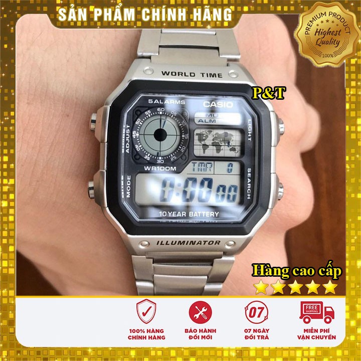 Đồng hồ nam Casio AE 1200-WHD classic chống nước - Dây thép không gỉ - Đồng hồ P&T [ FreeShip- Hàng cao cấp- Full box ]