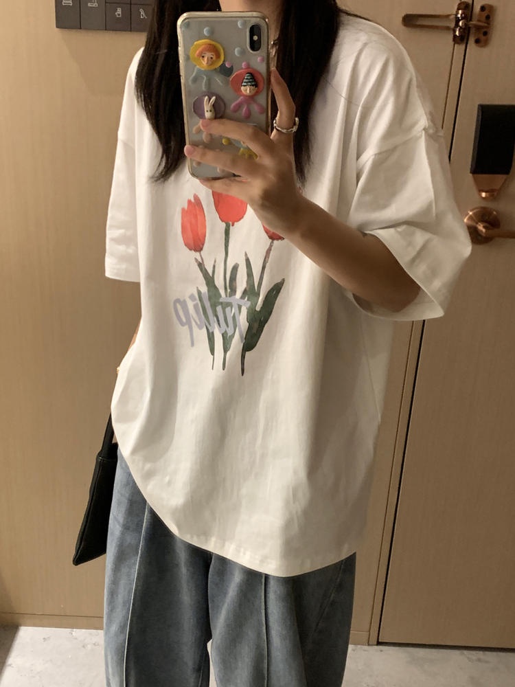 Áo thun Peppermint 50157 cổ tròn in hình hoa tulip thời trang cho nữ