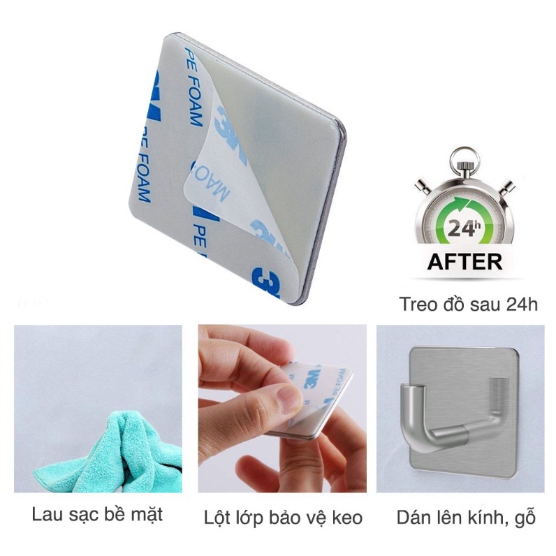 Móc dán tường Inox 304 cao cấp - Kèm keo dán 3M - Treo Khăn tắm, quần áo, đồ dùng nhà bếp, nhà tắm