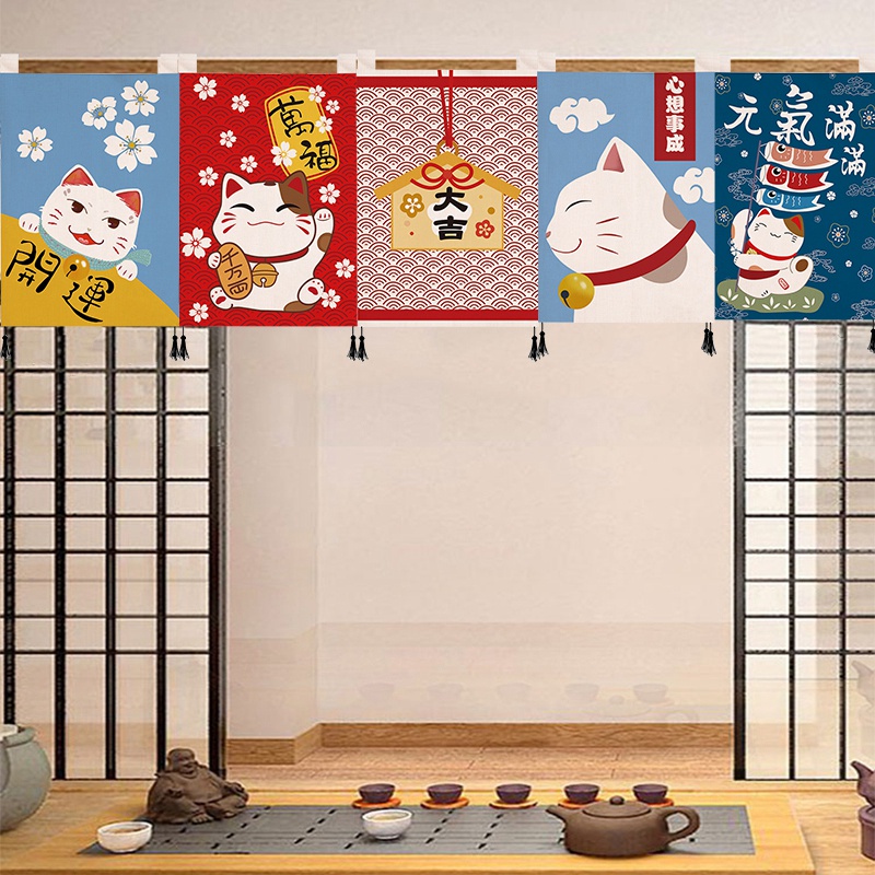 Rèm Cửa Ngắn Họa Tiết Mèo May Mắn Phong Cách Nhật Bản Trang Trí Năm Mới