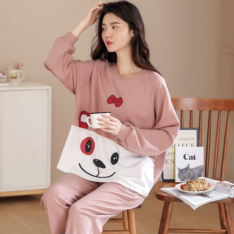 Bộ Đồ Ngủ Pijama Dài Tay Họa Tiết Gấu Đáng Yêu Cho Nữ 2020