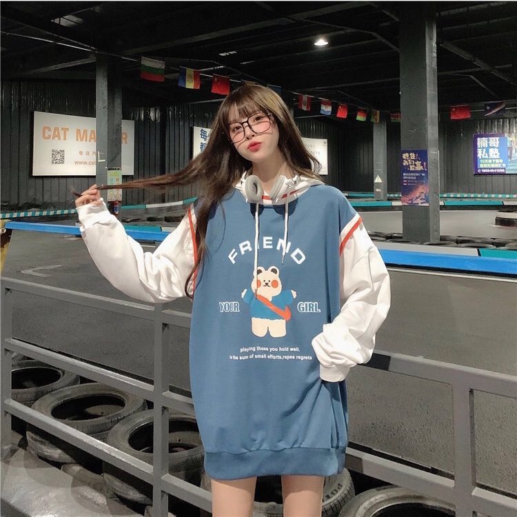 Áo hoodie tay dài giả hai lớp in họa tiết gấu dễ thương thời trang Hàn Quốc cho nữ