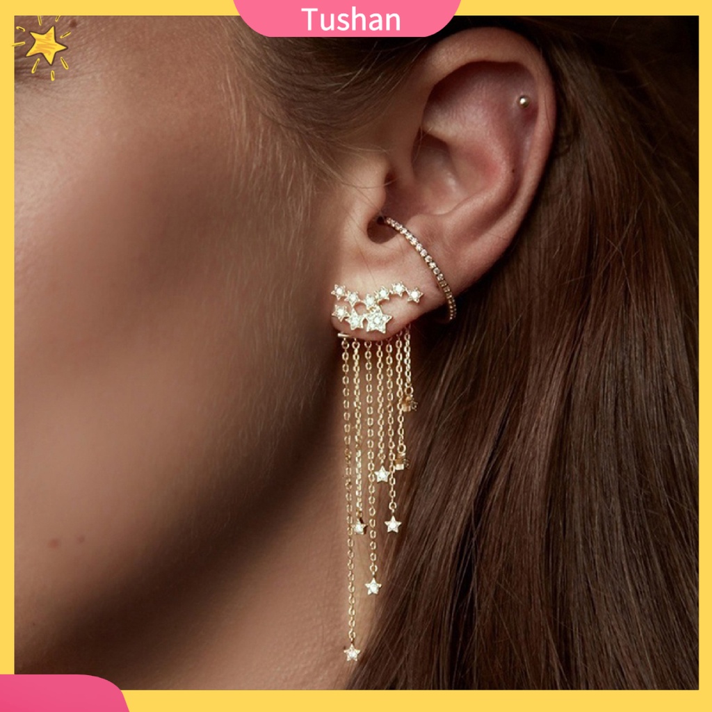 Khuyên tai chuỗi hình ngôi sao đính đá long lanh xinh xắn
