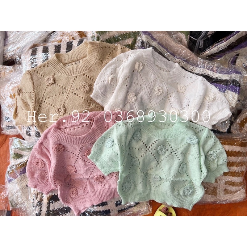 Áo len hoa nổi croptop Quảng Châu hot hit, Áo len croptop hoa nổi siêu xinh