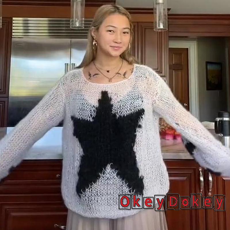 Odokey-y2k Aesthetics Áo Sweater Dệt Kim Họa Tiết Ngôi Sao Năm Cánh Vintage Harajuku Grunge Goth
