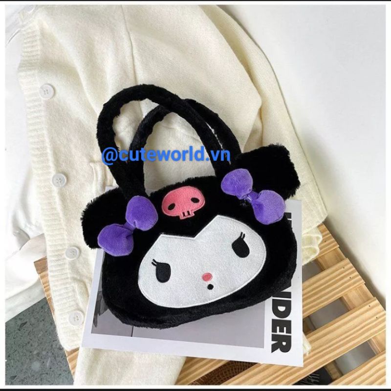 Túi xách Mèo Kuromi Nơ Tím Phối Lông