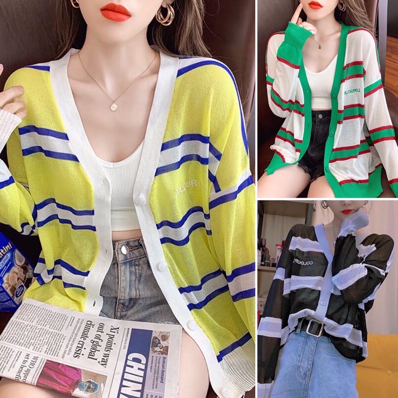 Áo khoác cardigan len mỏng sọc ngang phối màu nổi bật