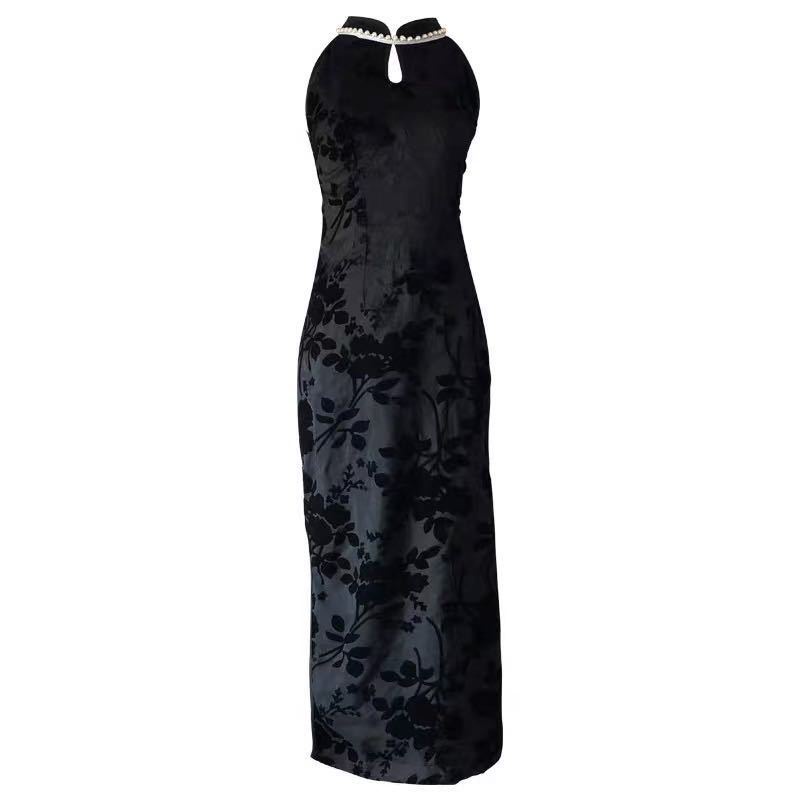 [M &amp; E] Đầm Sườn Xám Cách Tân Không Tay Dáng Vừa Màu Đen Đính Ngọc Trai Thanh Lịch Phong Cách Trung Hoa Cổ Điển