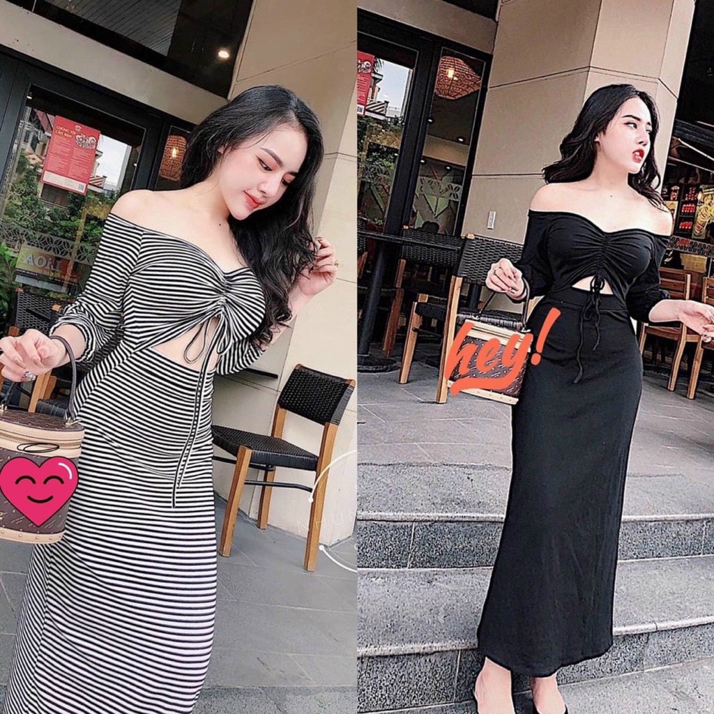 Đầm body trễ vai dúm ngực khoét bụng tay lửng Form dài tôn dáng