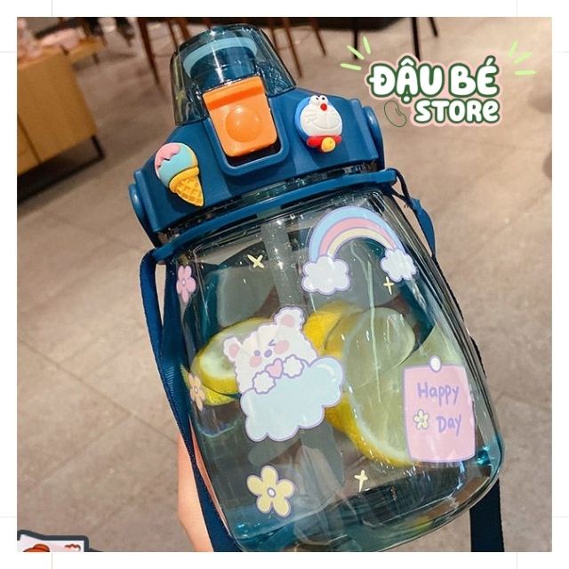 BÌNH ĐỰNG NƯỚC NHỰA 1500ML - BÌNH NƯỚC KÈM STICKER CÓ DÂY ĐEO CUTE,DỄ THƯƠNG,XINH XẮN PHONG CÁCH HÀN QUỐC - DAUBE -PK086