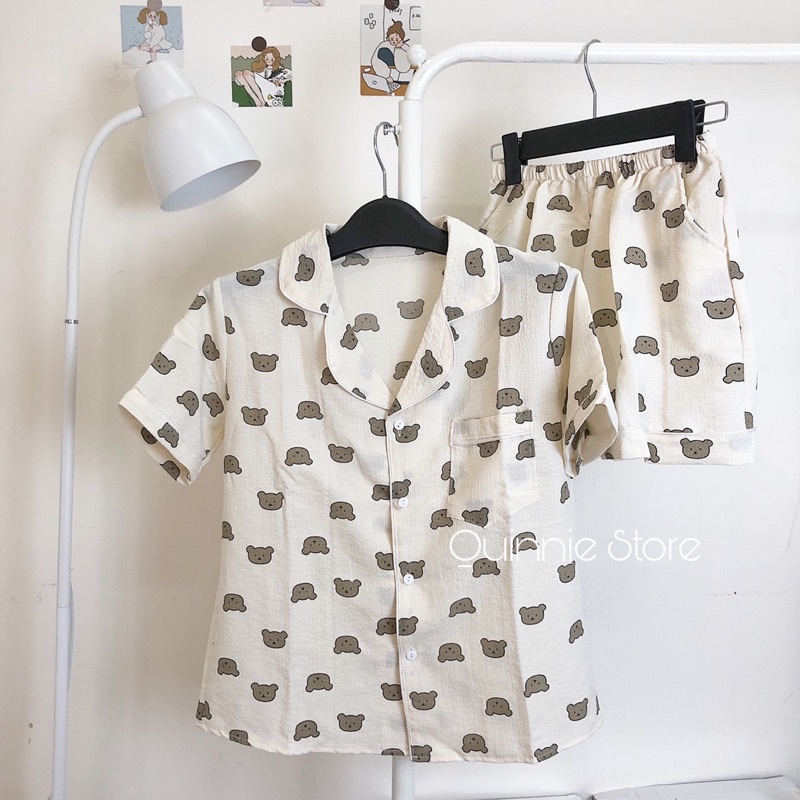 Q4 Set đồ ngủ pijama cộc tay chất đũi xốp hoạ tiết đáng yêu Quinnie Store